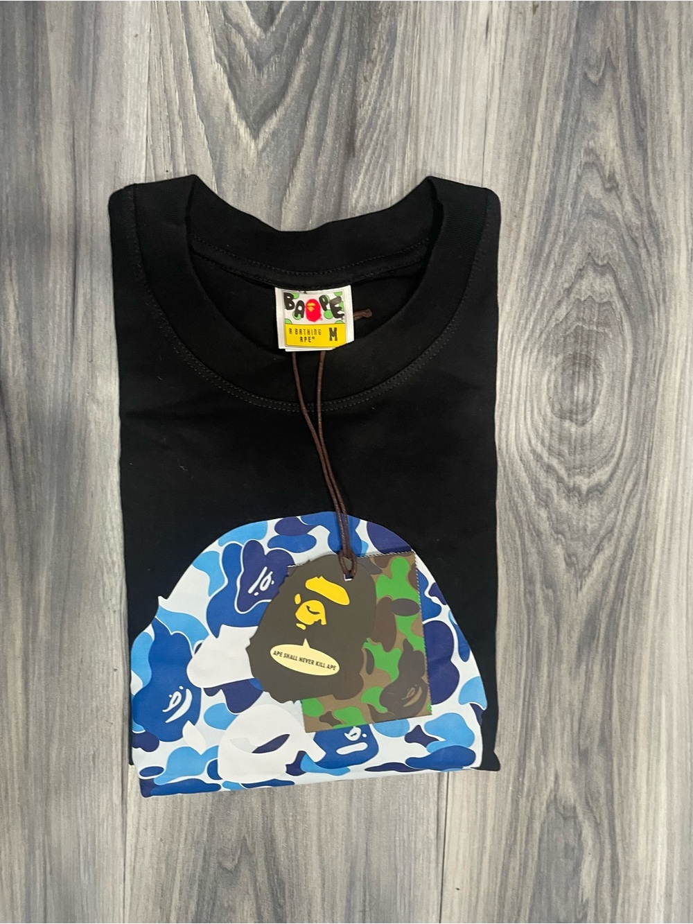 Bape Black Tee with Blue Camo Ape Head brand new